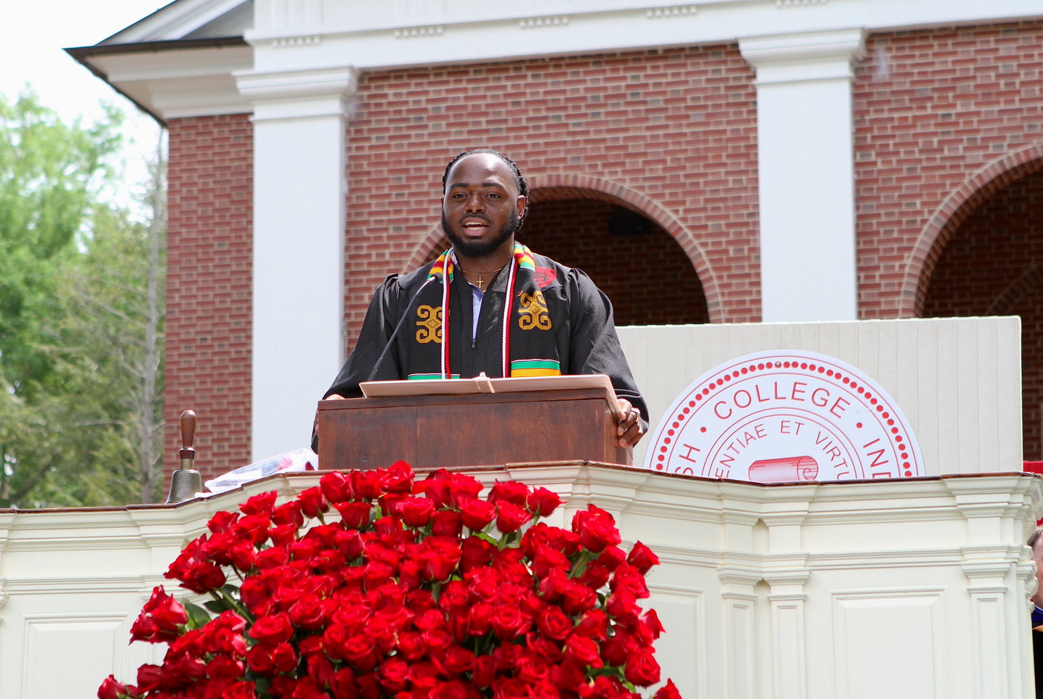 Kenny Coleman addresses his fellow classmates Saturday during commencement exercises at Wabash College.